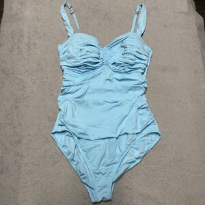 Lilly Pulitzer Solaria One Piece Swimsuit 14 Light Blue Gold Charm Ruched